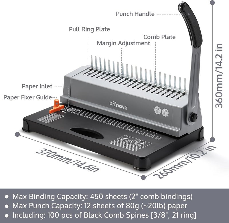 OFFNOVA Binding Machine, 21-Hole 450 Sheets Paper Comb Punch Binder Machine for Letter Size / A4 / A5 Paper, Easy to Punch Handle, Adjustable Margin, Gray - Image 2